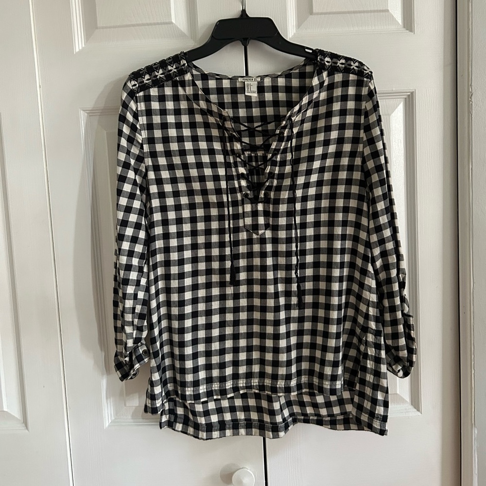 Buffalo Print Blouse Tie Up Front Embroidered Details